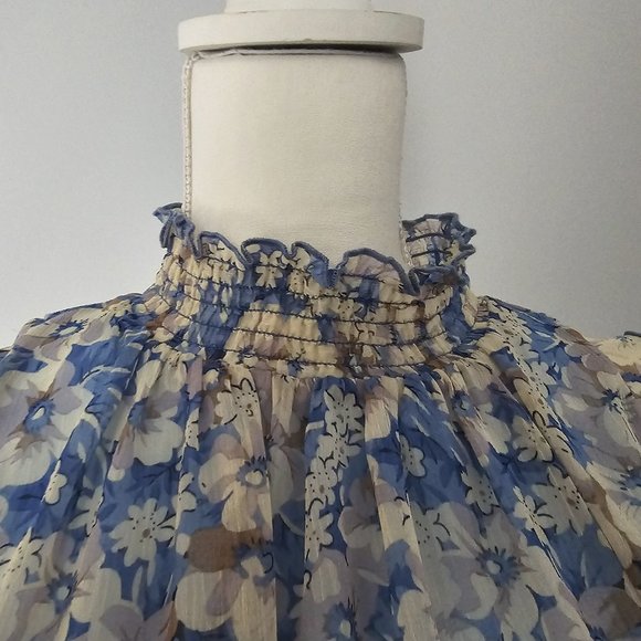 MELLODAY blue BLOUSE top FLORAL lined SMOCKED ruffles BLOUSE - Picture 2 of 12